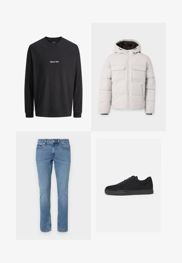 Lysegrå polstret vinterjakke med frontlynlås, to brystlommer med klap, sidelommer og hætte med sort inderfor.; Langærmet sort T-shirt med "Originals Studio" broderet i hvidt på brystet; minimalistisk design mod en ensfarvet baggrund.; Blå lige ben denim jeans med for lommer, bæltesløjfer og knaplukning.; Sort lavtop sneaker med snørelukning foran og flad gummisål, vist fra siden på en hvid baggrund.