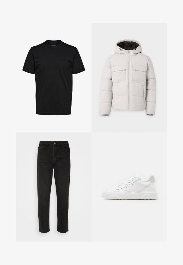 Hellgraue, gesteppte Winterjacke mit Frontreißverschluss, zwei Brustklappentaschen, Seitentaschen und Kapuze mit schwarzem Innenfutter.; Schwarzes, schlichtes T-Shirt mit kurzen Ärmeln, Rundhalsausschnitt und regulärer Passform ohne sichtbare Muster oder Logos.; Schwarze Jeans aus Denim mit geradem Bein, hoher Taille, Knopfverschluss und vier Taschen. Enthält ein klassisches Fünf-Taschen-Design.; Weiße Leder-Sneaker mit glatter Oberfläche, rundem Zehenbereich, flachen Schnürsenkeln und strukturiertem Schuhsohlen. Graues Wildleder-Detail an der Ferse.