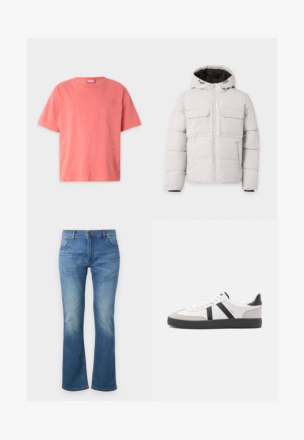 Chaqueta de invierno acolchada color gris claro con cremallera frontal, dos bolsillos con solapa en el pecho, bolsillos laterales y capucha con forro interior negro.; Camiseta de algodón de manga corta en color coral, con cuello redondo, costuras en amarillo que contrastan y un pequeño logo rojo de Diesel en el frente.; Vaqueros de denim azul con pierna ligeramente acampanada, cierre frontal de botones y cremallera, y desgaste en muslos y rodillas.; Zapatilla blanca con acentos en negro y gris, que presenta una puntera texturizada en gris, suela de goma negra y cordones planos blancos. Diseño limpio, estilo minimalista.