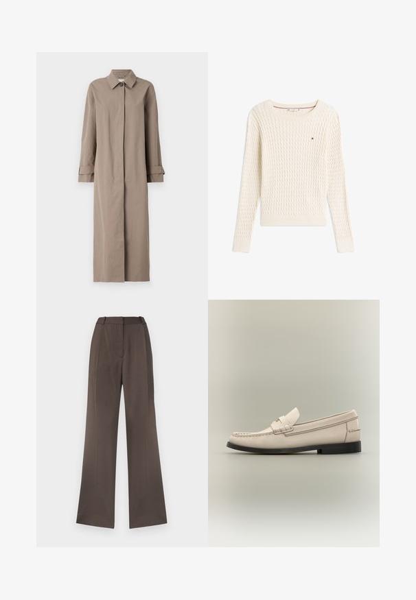 Abrigo largo beige hecho de una tela texturizada, con cuello, cierre de botones y mangas con puños. Diseño minimalista con silueta recta.; Jersey con trenzado de cable en color crema, mangas largas, cuello redondo y pequeño logo de Tommy Hilfiger en el pecho.; Pantalones de pierna ancha en una tela marrón sólida, con una textura suave, lazos para cinturón, pliegue frontal y sin bolsillos visibles.; Mocasín de cuero beige para hombre con suela negra y detalle decorativo de correa sobre fondo gris claro.