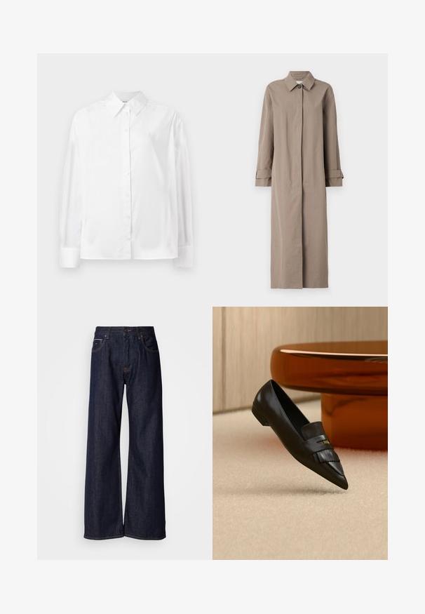 Abrigo largo beige hecho de una tela texturizada, con cuello, cierre de botones y mangas con puños. Diseño minimalista con silueta recta.; Camisa blanca de manga larga con botones, hecha de una suave mezcla de algodón. Cuenta con un cuello clásico, cierre frontal con botones y puños redondeados.; Jeans de mezclilla oscura de pierna ancha con una cintura alta, con bolsillos frontales y detalles de costura sutiles. Textura suave con un corte clásico.; Mocasín de cuero negro con punta puntiaguda y detalle de flecos, colocado sobre una alfombra beige cerca de una mesa redonda de cristal naranja.