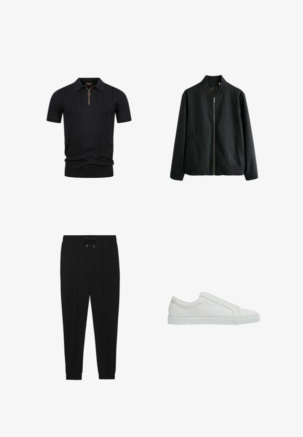 Veste bomber noire avec fermeture éclair sur le devant, col et poignets côtelés, deux poches latérales et un tissu lisse, sans texture.; Polo shirt en maille noire à manches courtes avec des rayures verticales texturées et une fermeture éclair demi-zip avec une languette ronde au col.; Pantalons de sport noirs avec une taille à cordon de serrage, des jambes fuselées et des poignets côtelés. Fabriqués dans un tissu doux au toucher lisse.; Reiss REGULAR FIT - LUCA TUMBLED - Baskets basses - white