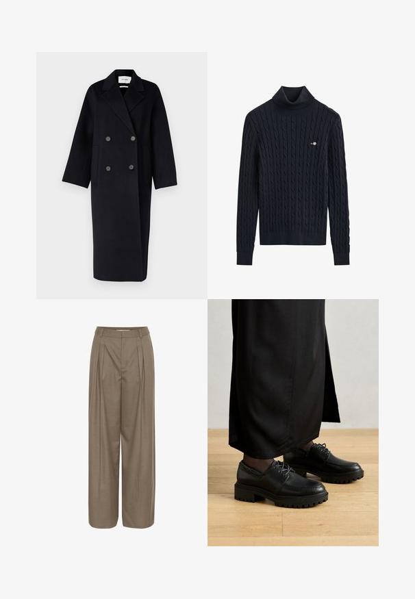 IVY OAK IO CLARA - Klasický kabát - navy blue; Čierny rolákový sveter s vrkočovým vzorom, dlhými rukávmi a malým vyšitým logom na ľavej strane hrudníka.; Plisované nohavice s širokými nohavicami vyrobené z svetlohnedej tkaniny, s vystuženým pásom a hladkou štruktúrou, navrhnuté pre pohodlie a variabilitu.; Čierne kožené topánky s okrúhlou špičkou, hrubou gumovou podrážkou a šnúrkami. Dizajn obsahuje dekoratívne šitie pozdĺž hornej časti.