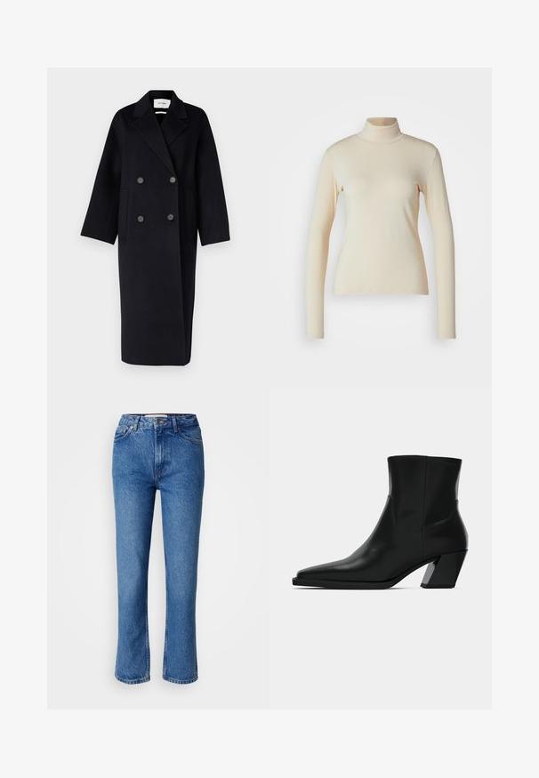 IVY OAK IO CLARA - Klasický kabát - navy blue; Krémový dlhý rukáv s rolákom vyrobený z hladkej, elastickej tkaniny; priliehavý strih s vysokým golierom a bez viditeľných vzorov alebo akcentov.; Modré denimové džínsy so strihom rovného nohu, s klasickým päťvreckovým dizajnom, oranžovým prešívaním a zapínaním na gombík.; Čierna kožená členková topánka s špicatou špičkou, elegantným siluetou a masívnym štvorecovým podpätkom. Hladký povrch s minimálnymi švovými detailmi.