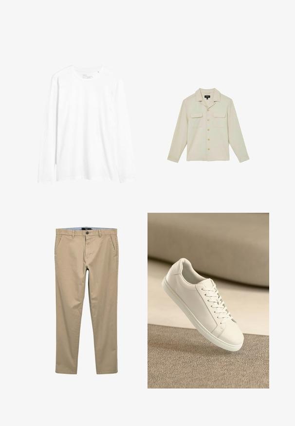 Beige skjorte med knapper, lange ærmer, to brystlommer med klapper og en spredt krave.; Langærmet hvid t-shirt lavet af bomuld. Har rund halsudskæring, slim fit og sideslids ved kanten. Simpelt design uden mønstre.; Beige chinos lavet af en blanding af bomuldsstoffer; har forlommer, en knaplukning og et lige ben-design. Glat, mat tekstur.; Hvide lædersneakers med hvide snørebånd, præsenteret på en beige tekstureret overflade og med en blødt uskarp baggrund.