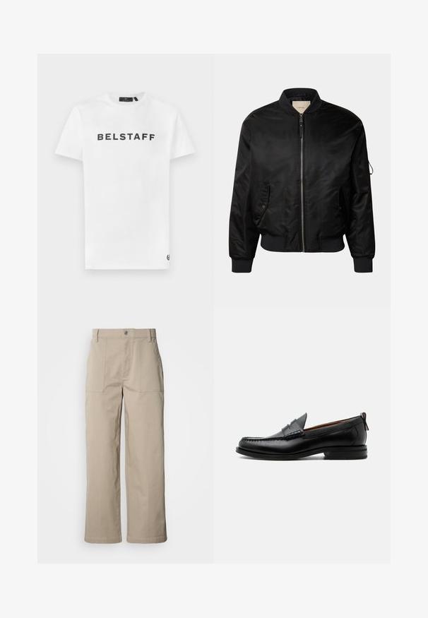 Chaqueta bomber negra hecha de un material suave y brillante, con puños y dobladillo acanalados, cierre con cremallera y bolsillos laterales.; Camiseta de algodón blanca con un logo negro "BELSTAFF" en el frente. Cuello redondo clásico y mangas cortas con un pequeño detalle del logo en el dobladillo.; Pantalones beige de pierna ancha hechos de algodón; cuentan con bolsillos frontales de parche, cierre con botón y costuras visibles a lo largo de los dobladillos.; Mocasín de hombre de piel negra con costura moc toe, tira penny, cuello texturizado y tacón bajo apilado sobre fondo blanco.