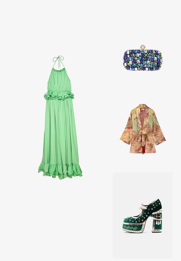 Lichtgewicht kimono-jas met meerkleurige vintage patchworkpatronen, wijde mouwen en een bijpassende stoffen riem met rode kwastjes.; Groene halter maxi-jurk van gladde stof, met een ruches taille en zoom, en een vloeiende, geplooide silhouet.; Groene fluwelen platformschoen met decoratieve rode en zilveren studs, parelriemen, gouden biezen, borduurwerk en een blokhak met hangende parels en een "B" bedel.; Kleine rechthoekige clutchtas versierd met meerkleurige blauwe, groene, witte en paarse edelstenen en een ronde parelgesp.