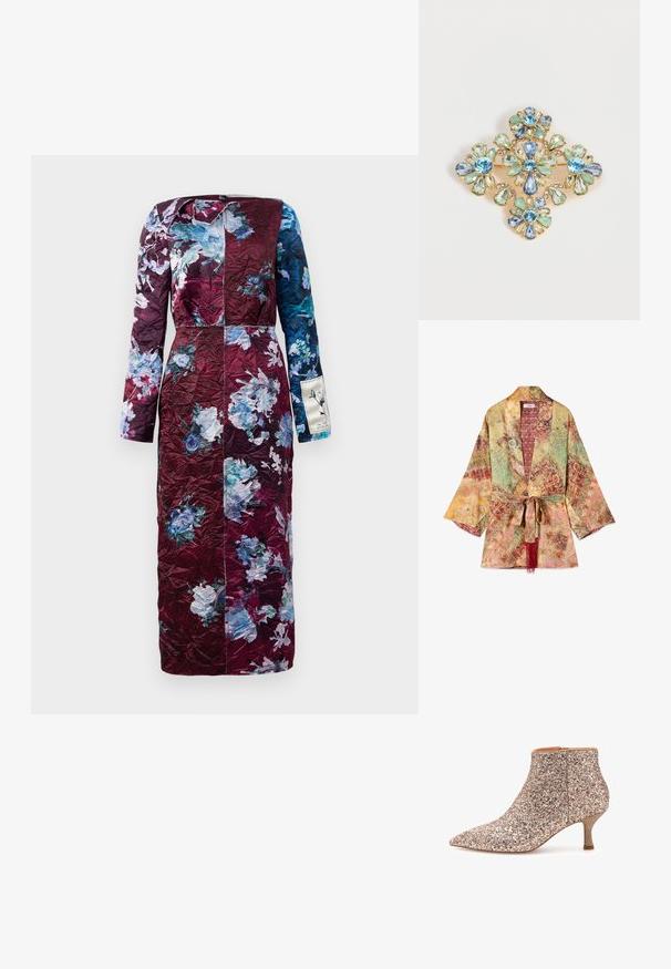 Chaqueta kimono ligera con patrones de patchwork vintage multicolor, mangas anchas y un cinturón de tela a juego con borlas rojas.; Vestido de manga larga con estampado floral en burdeos y azul. Material texturizado, corte recto y sutil brillo. Presenta un acento de etiqueta lateral.; Woden VERA GLITTER - Botines bajos - multi; Broche de oro ornamentado con cuatro formas de flores hechas de piedras preciosas facetadas azules, verdes y claras, dispuestas en un patrón simétrico.