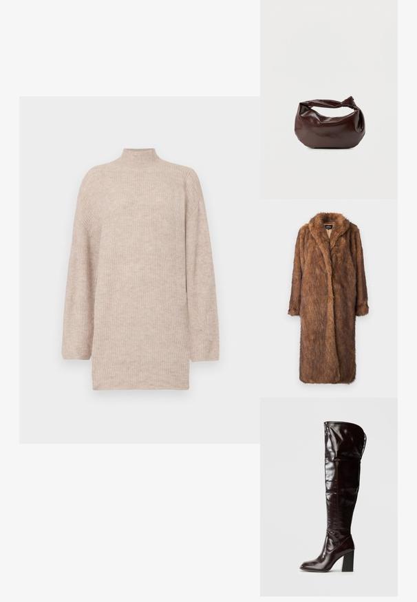 Brun faux fur frakke med en blød, tekstureret overflade. Den har en sjalkrave og åben front, strækker sig til knæ længde med lange ærmer.; Beige højhalset sweater med faldende skuldre, lavet af ribbet strikmateriale. Løs pasform med lange ærmer og en blød tekstur.; Knæhøje, blanke bordeauxrøde læderstøvler med firkantet tå og blokhæl, der har et løstsiddende design og minimale syningsdetaljer.; Mørkebrun læder skuldertaske med en blød, afslappet form og et snoet knudehåndtag på en ensartet hvid baggrund.
