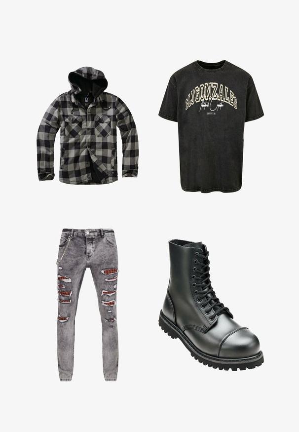 Sort og grå ternet jakke med hætte, der har to brystlommer og et blødt, tekstureret for. Lukkes med knapper foran og har justerbare snore.; Sort oversized t-shirt lavet af bomuld, med et falmet print der står "MJ GONZALES" og "Intentional Concept" i krèmefarvet skrift.; Grå slidte jeans med flere revner, der afslører rød og sort ternet stof nedenunder. Har en kædedetalje på siden og en tapered fit.; Sort læderkampstøvle med høj ankel, rund tå, snørebånd foran og robust gummisål med dybe mønstre for godt greb.