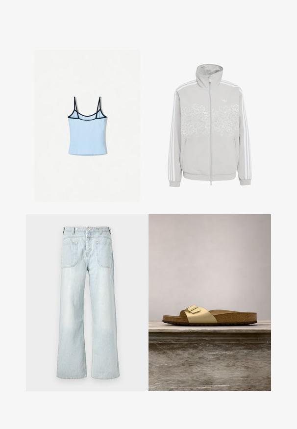Veste zippée gris clair avec broderie florale blanche sur la poitrine, trois bandes blanches sur les manches et poches latérales zippées.; Débardeur bleu clair avec de fines bretelles noires et une coupe ajustée. Texture lisse et couleur unie, avec des bordures contrastées le long de l'encolure.; Jean en denim bleu clair à jambes larges avec taille haute, deux poches arrière et décoloration subtile, avec des accents de couture en jaune.; Sandale glissante synthétique dorée avec une seule sangle et un accent de boucle, dotée d'un pied en liège brun et d'une semelle en caoutchouc texturé.