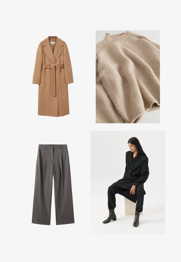 Langer, camel-farbener Mantel aus weichem Stoff mit tailliertem Bund, breitem Revers und zwei Taschen auf der Vorderseite. Glatte Textur und maßgeschneiderter Schnitt.; Gestrickter Pullover in hellbeige mit geripptem Textur, der einen hohen Kragen und eine weite, lockere Silhouette aufweist. Akzentuiert durch strukturierte Nähte.; Graue, weit geschnittene Hosen mit einem Streifenmuster, hoher Taille, Falten und glattem Stoff. Hergestellt aus einem leichten Material.; Frau mit langen dunklen Haaren sitzt, trägt einen lockeren schwarzen Blazer, passende weite Hosen und dunkle Stiefeletten vor einem schlichten weißen Hintergrund.
