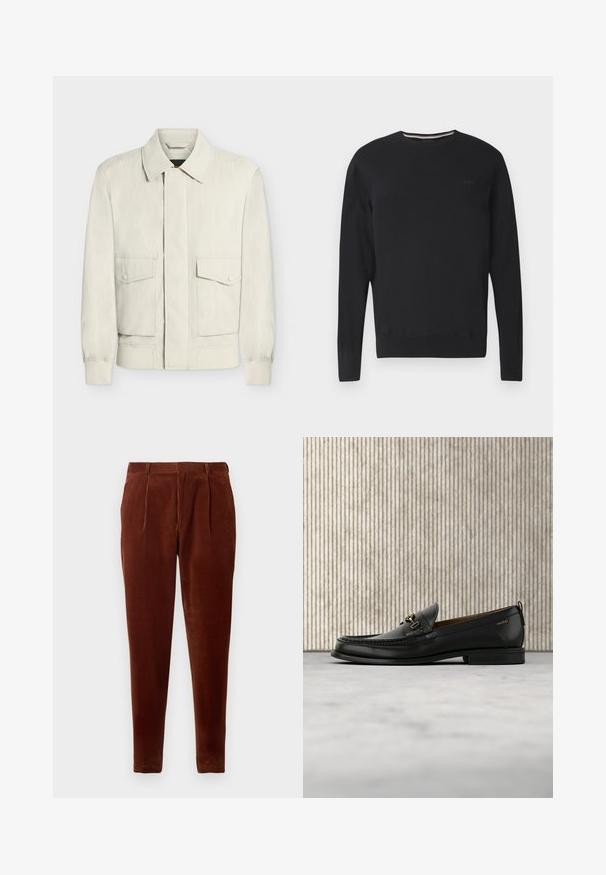 Hellbeige Jacke mit Kragen, elastischen Bündchen und zwei aufgesetzten Fronttaschen mit Knöpfen, präsentiert auf schlichtem weißen Hintergrund.; Schwarzer Pullover mit langen Ärmeln und Rundhalsausschnitt, dezentes "BOSS"-Logo auf der Brust, gerippte Bündchen und Saum, vor weißem Hintergrund dargestellt.; Braune Cordhosen mit geradem Schnitt, Frontfalten, zwei Seiten Taschen und einer glatten Textur. Geeignet für die Freizeit.; Schwarzer Lederloafer mit goldfarbenem Metallbit und "HUGO"-Markenlogo, präsentiert vor einem beigen Teppich und braunen durchsichtigen Möbelstücken.