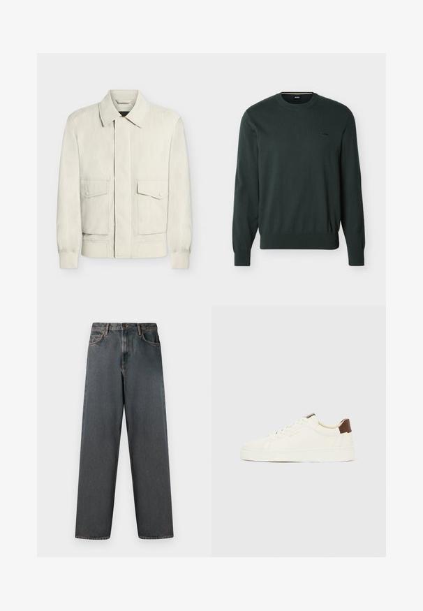 Lys beige jakke med krave, elastiske manchetter og to frontlommer med klap og knapper, vist på en ensfarvet hvid baggrund.; Mørkegrøn langærmet crewneck-trøje med ribstrikkede manchetter og kant, lille sort "BOSS"-logo broderet på venstre bryst.; Mørkegrå denimjeans med lige ben, fem lommer og en knap- og lynlås-lukning. Stofmet har diskret falming og syninger.; Hvid lav sko med cremefarvede snørebånd, en brun hæltab og gyldent "GANT"-logo på siden, vist i profil mod en ensfarvet baggrund.
