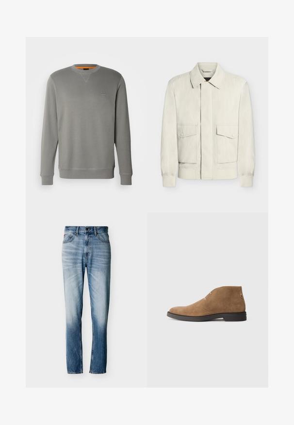 Lichtbeige jas met kraag, elastische boorden en twee voorflapzakken met knopen, getoond op een effen witte achtergrond.; BOSS WESTART - Sweater - open grey sixteen; Verbleekte blauwe jeans met rechte pijpen, vijf zakken, knoopsluiting en riemlussen, plat uitgestald op een witte achtergrond.; Bruine suedleren enkelboots met een ronde neus, minimale stikseldetails en een lage zwarte rubberen hak. Klassiek ontwerp, veelzijdig voor verschillende outfits.