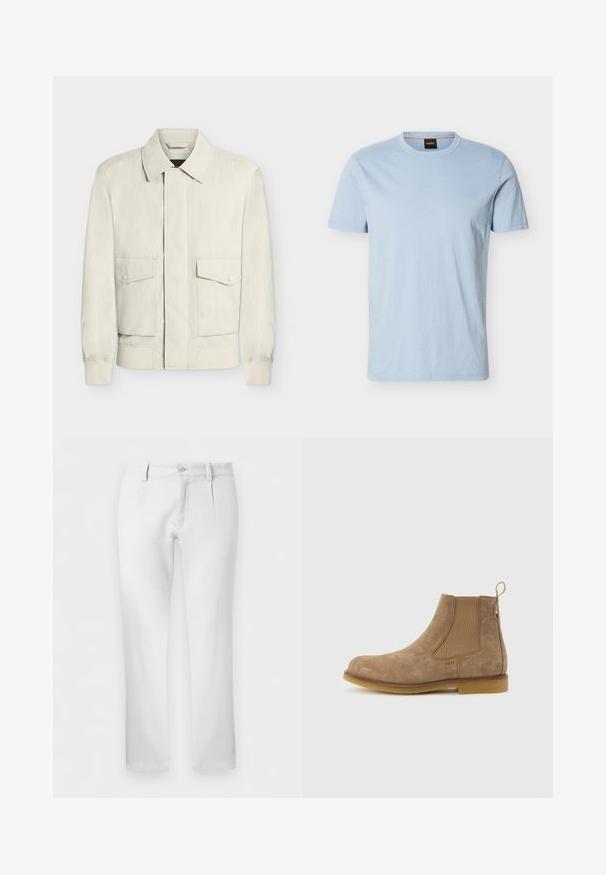 Veste beige clair avec col, poignets élastiques et deux poches à rabat avec boutons sur le devant, présentée sur fond blanc uni.; T-shirt bleu clair à manches courtes et col ras du cou, avec un logo "BOSS" discret sur la poitrine et une étiquette noire avec le label orange "BOSS" à l'intérieur du col.; Pantalon blanc droit avec passants pour ceinture, fermeture par bouton et plis avant sur fond uni.; Bottine Chelsea en daim marron clair avec panneaux latéraux élastiques, languette de tirage au talon et semelle en caoutchouc.