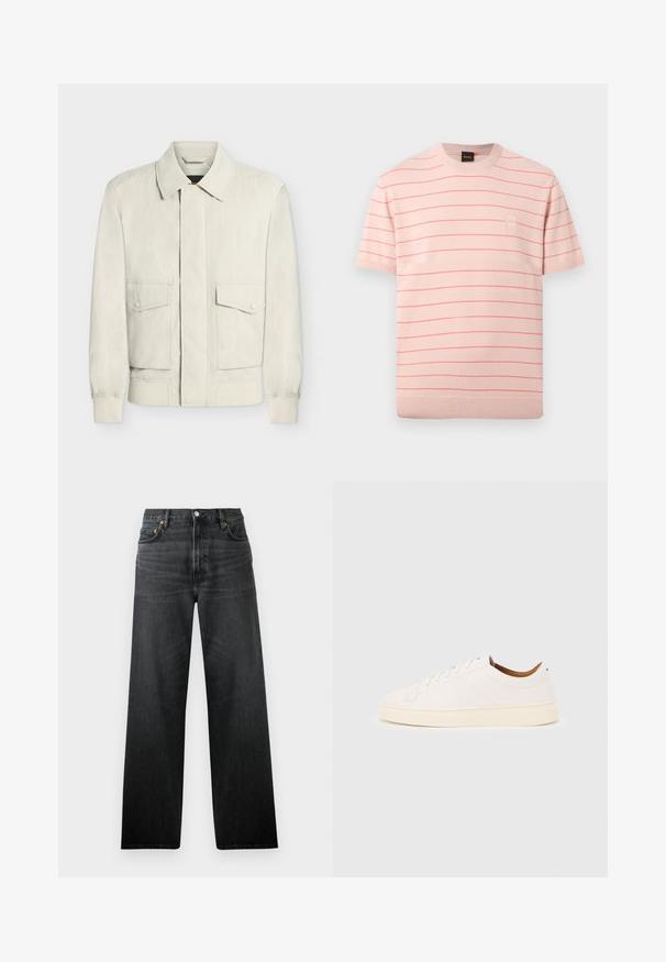 Veste beige clair avec col, poignets élastiques et deux poches à rabat avec boutons sur le devant, présentée sur fond blanc uni.; Chemise tricotée à manches courtes de couleur rose clair avec de fines rayures horizontales rouges et un petit patch logo carré sur le côté gauche de la poitrine.; Jeans en denim noir avec une coupe droite, dotés de cinq poches et d'une fermeture à bouton. Le tissu a un léger éclat et une texture visible.; Baskets blanches basses avec un design à lacets, des détails de couture minimalistes, et une semelle couleur crème sur un fond gris clair.