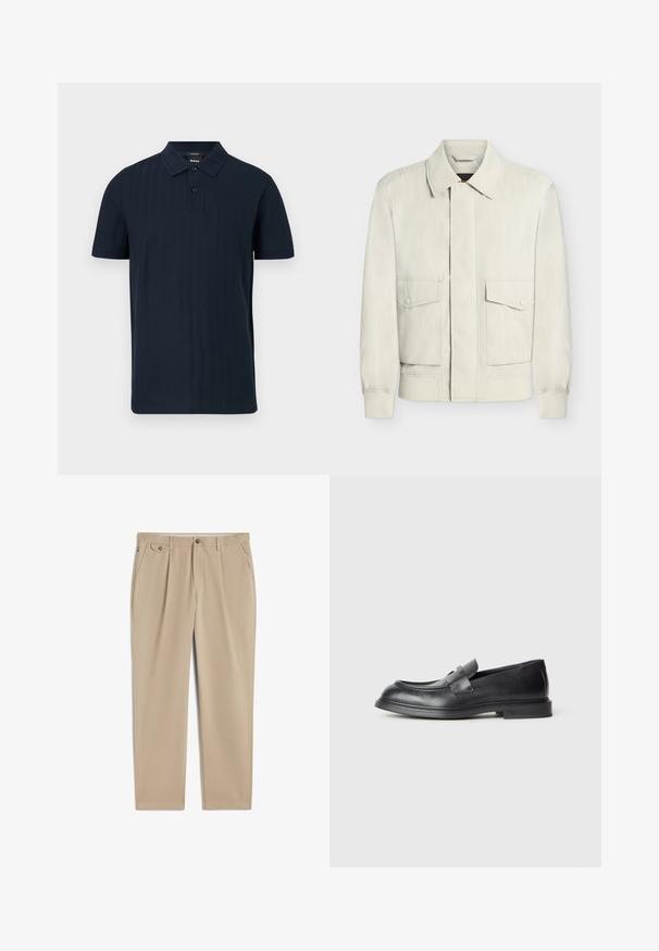 Veste beige clair avec col, poignets élastiques et deux poches à rabat avec boutons sur le devant, présentée sur fond blanc uni.; Polo bleu marine à manches courtes avec col, deux boutons et texture subtile de rayures verticales, présenté sur un fond blanc.; Pantalon beige à jambes droites avec passants de ceinture, fermeture avant par bouton et zip, poches latérales et détail plissé près de la taille.; Mocassins en cuir noir avec une finition texturée, dotés d'une bride décorative à l'avant et d'un bout arrondi. Semelle en caoutchouc pour plus de durabilité.