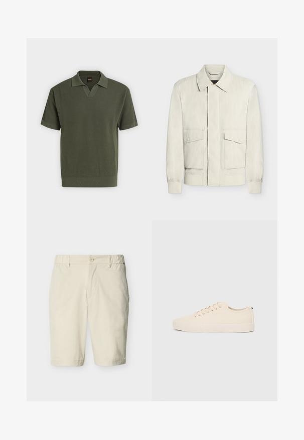 Veste beige clair avec col, poignets élastiques et deux poches à rabat avec boutons sur le devant, présentée sur fond blanc uni.; Polo en maille vert olive à manches courtes avec motif texturé et ourlet et poignets côtelés sur fond uni.; Shorts beige mi-longueur avec fermeture à bouton, bandes élastiques latérales à la taille, passants pour ceinture et poches latérales sur fond uni.; Baskets en toile beige avec bout arrondi, semelle en caoutchouc plate et lacets à l'avant. Présente un design minimaliste et un accent noir contrastant au niveau du talon.