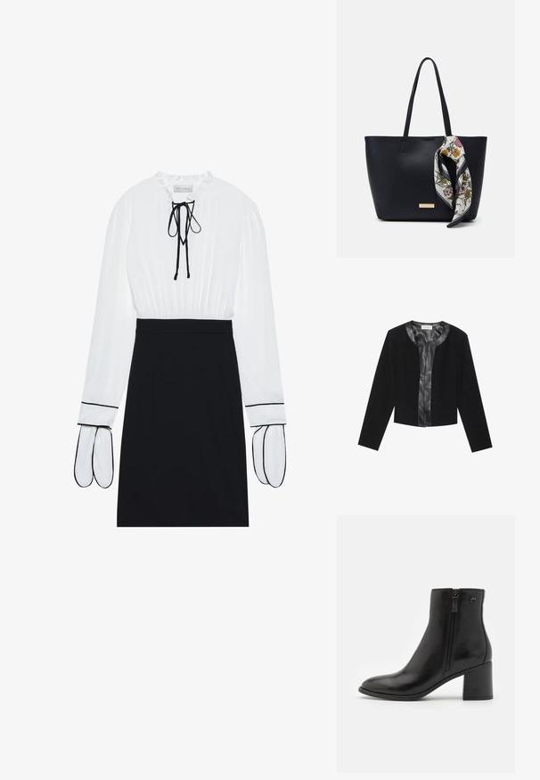 Schwarze kurze Jacke mit langen Ärmeln, mit einem glatten Leder-Frontpanel und einem texturierten Stoffkörper. Rundhalsausschnitt, ohne Verschlüsse.; Weiße Bluse mit gerafftem Ausschnitt und Kordelzug; schwarze, taillierte Rock mit kontrastierendem weißen Piping an den Ärmeln. Glatte Stoffstruktur.; Schwarze Knöchelstiefel aus glattem Leder mit einem seitlichen Reißverschluss. Sie verfügen über eine spitze Schuhspitze und einen strukturierten Blockabsatz für Stabilität.; Schwarze Leder-Umhängetasche mit zwei Schulterriemen, versehen mit einem floralen Seidenschal, der am Griff gebunden ist, sowie einem metallischen Logoakzent auf der Vorderseite.