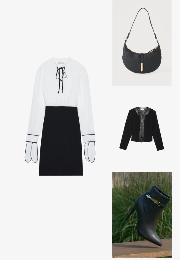 Veste noire courte avec des manches longues, présentant un panneau avant en cuir lisse et un corps en tissu texturé. Encolure ronde, sans fermetures.; Blouse blanche avec un col froncé et un cordon de serrage ; jupe noire ajustée avec des passepoils blancs contrastants sur les manches. Texture de tissu lisse.; Bottine noire à talons hauts avec un bout pointu et un détail de boucle en or, exposée sur une surface en bois avec un arrière-plan de feuillage vert.; Sac à main noir en forme de croissant avec une bandoulière unique, une fermeture éclair dorée et une languette décorative rectangulaire dorée à l'avant.