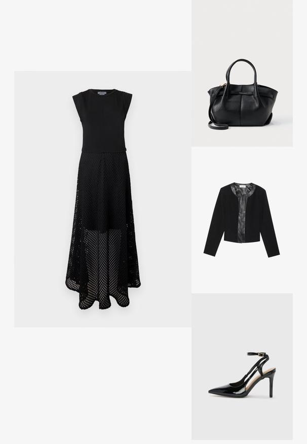 Schwarze kurze Jacke mit langen Ärmeln, mit einem glatten Leder-Frontpanel und einem texturierten Stoffkörper. Rundhalsausschnitt, ohne Verschlüsse.; Schwarzes Kleid mit einem figurbetonten, einfarbigen Oberteil und einem fließenden, transparenten Rock mit einem Diamant-Ausschnittmuster. Der Saum ist unregelmäßig, was für Bewegung sorgt.; Schwarze Patentleder-High-Heel-Slingback-Pumps mit spitzem Zeh, verstellbarem Knöchelriemen und offenen Seiten. Glatte Textur.; Schwarze Lederhandtasche mit kurzen Griffen, abnehmbarem Schultergurt und goldfarbenem Logo-Akzent. Präsentiert ein strukturiertes Design und eine glatte Textur.