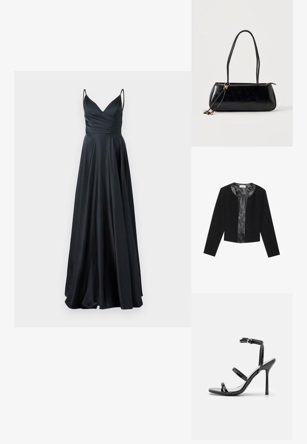 Chaqueta negra corta con mangas largas, con un panel frontal de cuero liso y un cuerpo de tejido texturizado. Cuello redondo, sin cierres.; Vestido de noche de satén negro con escote en V, cuerpo ajustado, tirantes gruesos y una falda en línea A que fluye. Textura suave y elegante.; Sandalias de tacón alto de charol negro con tres tiras horizontales y una correa en el tobillo ajustable. Silueta elegante y acabado brillante.; Bolso rectangular negro con dos tirantes largos, detalle de anilla dorada y cierre de cremallera sobre un fondo liso claro.