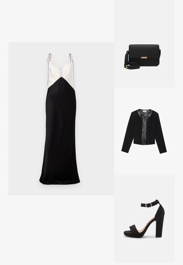 Veste noire courte avec des manches longues, présentant un panneau avant en cuir lisse et un corps en tissu texturé. Encolure ronde, sans fermetures.; Robe longue sans manches avec une jupe en satin noir et un haut crème, dotée d'un décolleté en V et de détails décoratifs avec des nœuds aux épaules.; Anna Field by Zalando Sandales - black; Sac en cuir noir avec un rabat, accents en matériel doré, sangle réglable et surface texturée. Forme rectangulaire compacte.
