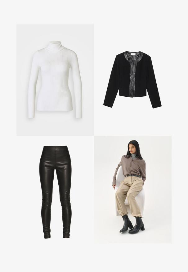 Chaqueta negra corta con mangas largas, con un panel frontal de cuero liso y un cuerpo de tejido texturizado. Cuello redondo, sin cierres.; Suéter blanco de cuello alto con canalé y mangas largas, que presenta un diseño ajustado y una textura suave. Cuello plano y aspecto sin costuras.; Leggings de cuero negro con cintura alta, ajuste ceñido, textura suave y sin costuras visibles ni detalles de hardware.; Mujer con cabello largo y negro apoyada en una silla curva blanca, vistiendo una blusa topo, pantalones beige, cinturón negro y botines negros con tacón.