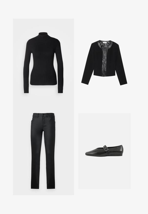 Veste noire courte avec des manches longues, présentant un panneau avant en cuir lisse et un corps en tissu texturé. Encolure ronde, sans fermetures.; Pull à col roulé noir en maille légère. Il possède des manches longues, une coupe ajustée et une texture côtelée douce.; TOM TAILOR TTLUCIE SKINNY FIT - Jeans Skinny - coated black denim; Chaussure plate en cuir noir avec un orteil pointu, présentant une sangle à boucle métallique sur le cou-de-pied et une semelle basse et flexible.