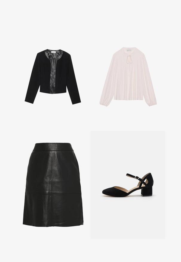 Zwarte cropped jas met lange mouwen, met een gladde leren voorpaneel en een getextureerd stoffen lichaam. Ronde halslijn, geen sluitingen.; Lichtroze blouse met lange mouwen, een keyhole halslijn met strik, geplooide voorkant en bijeengebonden manchetten. Glad materiaal, losse pasvorm en minimalistisch ontwerp.; Zwarte A-lijn rok van imitatieleren met hoge taille en zichtbare naaddetails aan de voorkant en bij de zoom.; Zwarte suède hoge hak met een spitse neus en een brede blokhak. Voorzien van een verstelbare enkelband met een zilveren gesp.