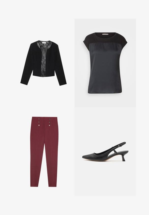 Chaqueta negra corta con mangas largas, con un panel frontal de cuero liso y un cuerpo de tejido texturizado. Cuello redondo, sin cierres.; Top negro de manga corta con un panel frontal satinado y tejido mate en los hombros. Textura suave con un corte holgado.; Pantalones cortos burdeos a medida con bolsillos laterales, con una textura suave y cuatro botones decorativos plateados en la cintura.; Zapato slingback de piel negra con punta afilada, tacón bajo tipo bloque, detalle en los laterales recortados y correa ajustable en el tobillo. Textura suave en toda la superficie.