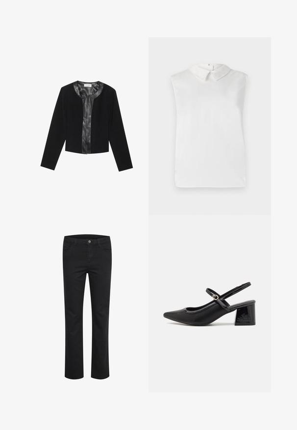 Zwarte cropped jas met lange mouwen, met een gladde leren voorpaneel en een getextureerd stoffen lichaam. Ronde halslijn, geen sluitingen.; Witte mouwloze blouse met een klassieke kraag, gladde textuur en een eenvoudig ontwerp. De stof lijkt lichtgewicht en enigszins doorschijnend.; Zwarte denim broek met een rechte pasvorm, voorzien van twee voorkruiszakken en een enkele metalen knop aan de tailleband. Gladde textuur.; Zwarte gepolijste leren slingback hakken met een spitse neus, een ronde uitsnede en een blokhak. Voorzien van een gouden gespaccent.