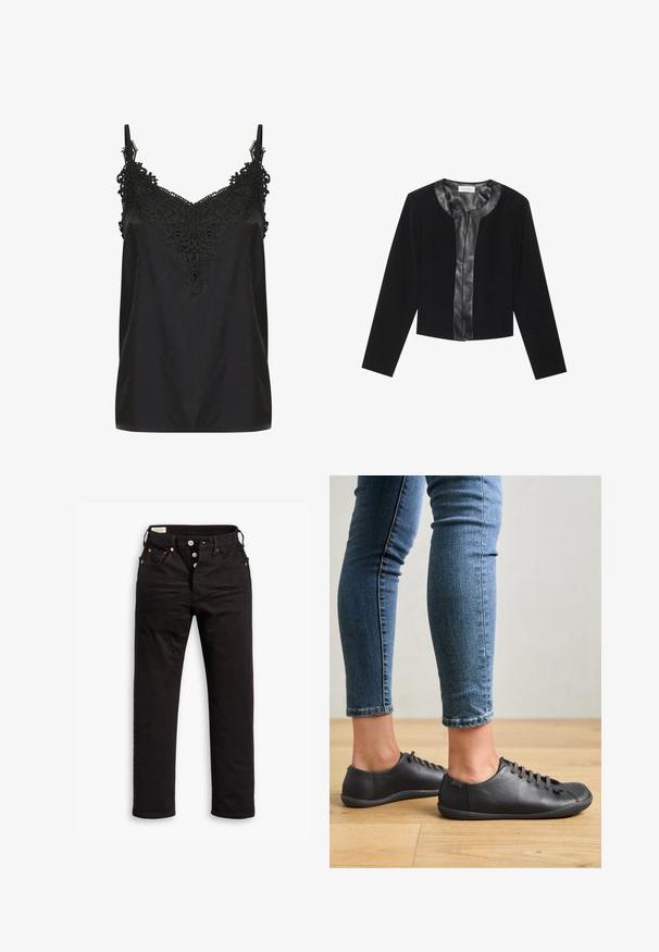 Sort cropped jakke med lange ærmer, der har et glat læderforreste panel og en tekstureret stofkrop. Rund halsudskæring, ingen lukninger.; Sort cami med v-hals og intrikate blonderdetaljer ved udskæringen. Har spaghetti-stropper og et glat, let stof.; Sorte lige jeans med knaplukning, front- og baglommer samt kobbernitte detaljer på en hvid baggrund.; Sorte lædersko med rund tå, lav profil og snørebåndsdesign. Kombineret med blå, tætsiddende jeans og en baggrund af trægulv.