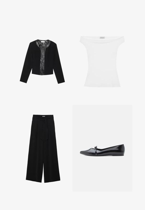Veste noire courte avec des manches longues, présentant un panneau avant en cuir lisse et un corps en tissu texturé. Encolure ronde, sans fermetures.; Haut blanc décolleté en tissu lisse, silhouette ajustée et encolure ronde. L'étiquette en haut au centre indique "ANNA FIELD."; Pantalons larges noirs en tissu texturé, avec une taille élastique et une ceinture à nouer amovible à la taille pour un ajustement variable.; Ballerine en cuir verni noir avec bout pointu, bride décorative et texture lisse. Design minimaliste sans accents visibles.