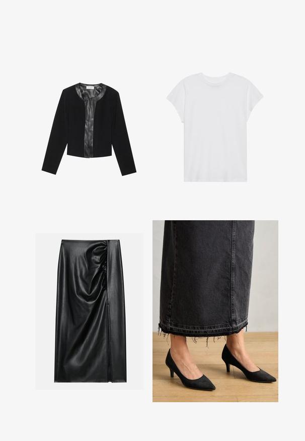 Zwarte cropped jas met lange mouwen, met een gladde leren voorpaneel en een getextureerd stoffen lichaam. Ronde halslijn, geen sluitingen.; Witte t-shirt met korte mouwen, ronde hals, relaxte pasvorm, gemaakt van zacht katoen. Glad textuur, geen patronen of logo's.; Zwarte leren rok met een soepele textuur, voorzien van een geplooid gedeelte aan één kant en een zijspleet voor extra detail.; Zwarte suède pumps met een spitse neus en een hak van 7,5 cm, in combinatie met een lange, donkere spijkerrok met rafelige uiteinden.