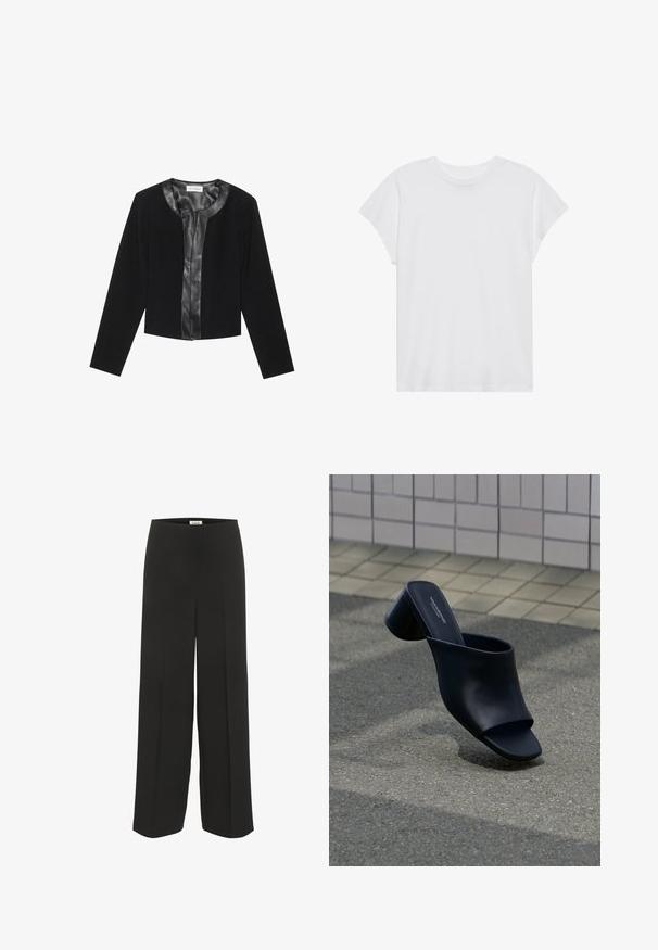 Chaqueta negra corta con mangas largas, con un panel frontal de cuero liso y un cuerpo de tejido texturizado. Cuello redondo, sin cierres.; Camiseta blanca de manga corta con cuello redondo, corte relajado, hecha de suave tela de algodón. Textura lisa, sin estampados ni logotipos.; Pantalones negros de pierna ancha con cintura alta y detalles sutiles de pliegue, diseñados para un ajuste relajado y elegante.; Mule de piel negra con punta abierta y tacón ancho, posicionado sobre asfalto cerca de una superficie de baldosas.