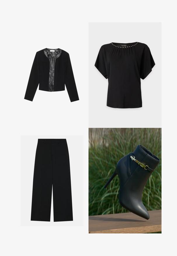 Veste noire courte avec des manches longues, présentant un panneau avant en cuir lisse et un corps en tissu texturé. Encolure ronde, sans fermetures.; Blouse noire à manches courtes avec des détails en perles argentées le long de l'encolure ronde et une coupe ample.; Pantalons noirs à jambe large en tissu lisse. Dotés d'une taille plate avec passants de ceinture et sans poches visibles. Design simple.; Bottine noire à talons hauts avec un bout pointu et un détail de boucle en or, exposée sur une surface en bois avec un arrière-plan de feuillage vert.