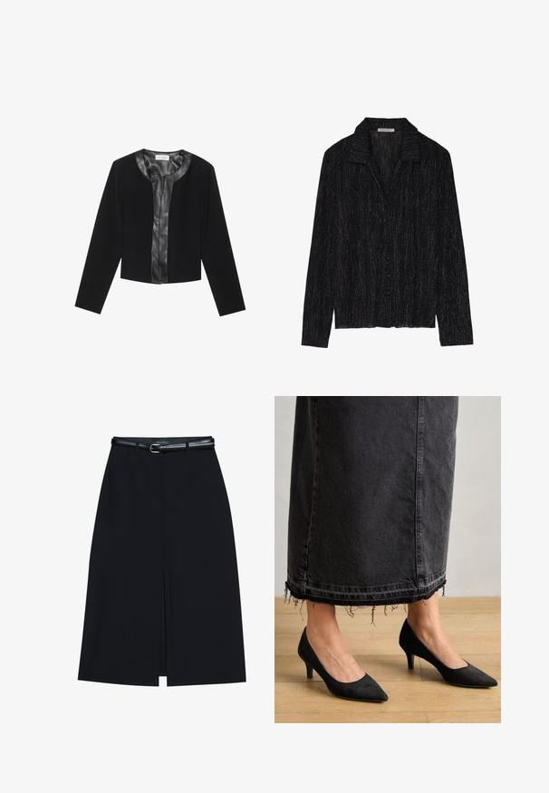 Zwarte cropped jas met lange mouwen, met een gladde leren voorpaneel en een getextureerd stoffen lichaam. Ronde halslijn, geen sluitingen.; Zwarte langarm jas met een gestructureerd, sprankelend oppervlak. Beschikt over een kraag en een knoopsluiting aan de voorkant.; Zwarte knie-lange rok met een vooraanstaande split, gemaakt van gladde stof. Heeft een dunne zwarte riem met een zilveren gesp en riemlussen.; Zwarte suède pumps met een spitse neus en een hak van 7,5 cm, in combinatie met een lange, donkere spijkerrok met rafelige uiteinden.