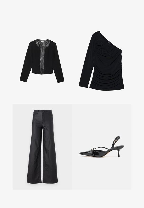 Chaqueta negra corta con mangas largas, con un panel frontal de cuero liso y un cuerpo de tejido texturizado. Cuello redondo, sin cierres.; Top negro de manga larga con diseño de un solo hombro, fruncido texturizado en el frente y acabado de tela suave.; Pantalones de pierna ancha en material de cuero sintético. Presentan una cintura alta, trabillas para cinturón, dos bolsillos delanteros y detalles de costura.; ALDO MARIETTA PILLOW WALK - Tacones - black