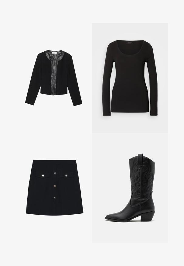 Zwarte cropped jas met lange mouwen, met een gladde leren voorpaneel en een getextureerd stoffen lichaam. Ronde halslijn, geen sluitingen.; Zwarte langetermijn top met een scoop halslijn, gemaakt van zachte, rekbare stof. Heeft een getailleerde pasvorm en een gladde textuur. Merklabel zichtbaar.; Zwarte denim minirok met een rechte snit, voorzien van twee borstzakken, vijf zilveren knopen aan de voorkant en een gladde textuur.; Zwarte leren cowboylaars met een spitse neus, gegraveerde draaiende patronen en een halfhoge hak. Voorzien van een trekhaak voor gemakkelijk aan- en uittrekken.