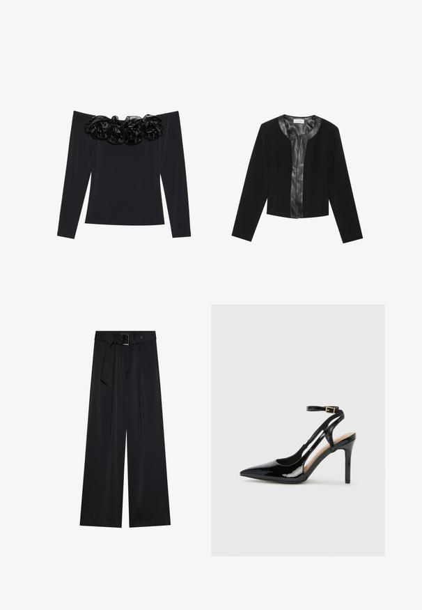 Sort cropped jakke med lange ærmer, der har et glat læderforreste panel og en tekstureret stofkrop. Rund halsudskæring, ingen lukninger.; Sort off-shoulder top med lange ærmer, der har en tekstureret blomsterkant i sort velour langs halsudskæringen.; Sorte breddebenede bukser lavet af glat stof, med en høj talje og detaljer med bælte og løkker samt markante plissee foran.; Sorte laklæder højhælede slingback-sko med spids tå, justerbar ankelrem og åben sider. Glat tekstur.