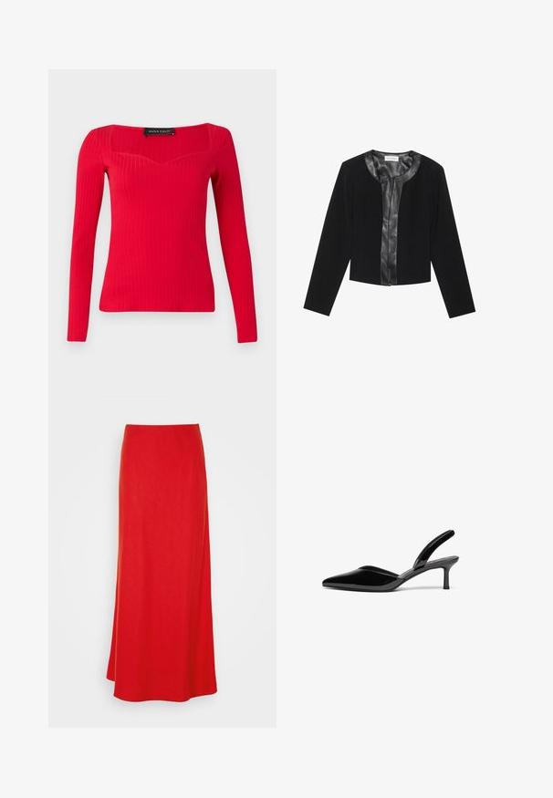 Veste noire courte avec des manches longues, présentant un panneau avant en cuir lisse et un corps en tissu texturé. Encolure ronde, sans fermetures.; Haut à manches longues rouge côtelé avec un décolleté carré et une forme légèrement en cœur. Fabriqué en tissu extensible pour une silhouette ajustée.; Jupe maxi rouge avec une texture lisse, taille haute et une silhouette fluide. Présente une couleur unie sans motifs ni embellissements.; Escarpins à talon aiguille en cuir verni noir, avec un bout pointu, un talon aiguille bas et un design élégant et simple sans embellissements.