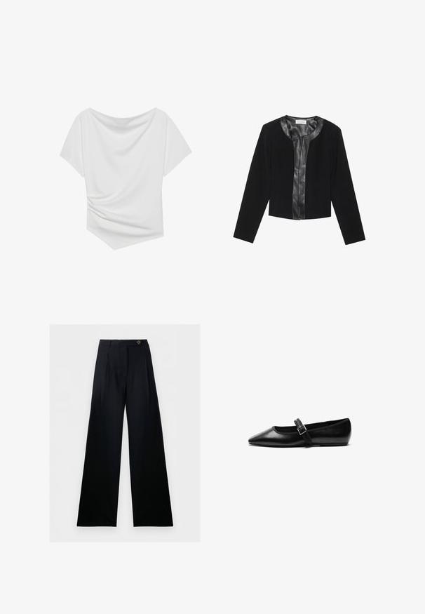 Zwarte cropped jas met lange mouwen, met een gladde leren voorpaneel en een getextureerd stoffen lichaam. Ronde halslijn, geen sluitingen.; Wit top met korte mouwen en een off-the-shoulder ontwerp, voorzien van een gedrapeerde textuur en een geplooid detail aan één kant. Glad materiaal.; Zwarte, wijde, op maat gemaakte broek met hoge taille, knoopsluiting aan de voorkant en riemlussen, weergegeven tegen een witte achtergrond.; Zwarte platte schoen van leer met een spitse neus, verstelbare band met een metalen gesp, een gladde textuur en een minimalistisch ontwerp.