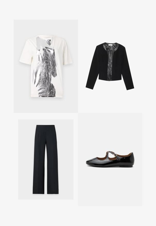 Veste noire courte avec des manches longues, présentant un panneau avant en cuir lisse et un corps en tissu texturé. Encolure ronde, sans fermetures.; T-shirt en coton blanc avec un imprimé graphique abstrait argenté sur le devant, col rond et manches courtes. Texture lisse.; Pantalon noir à jambes larges, taille haute et pli à l'avant, présenté à plat sur un fond blanc uni. Pas de poches ni de fermetures visibles.; Chaussure plate Mary Jane en cuir verni noir avec deux découpes et une bride à boucle dorée sur fond blanc.