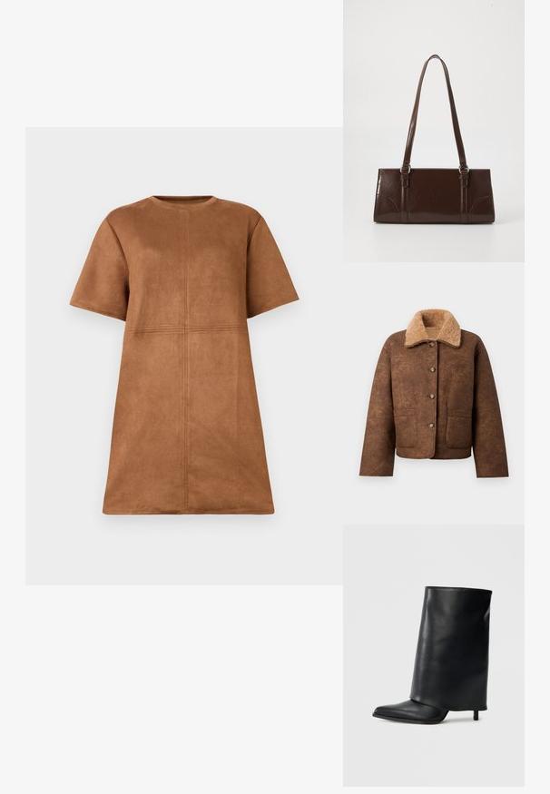 Braune Wollmischungjacke mit einem beigen Kunstfellkragen, Frontknöpfen, zwei Brusttaschen und einer lockeren Passform. Texturierte Außenseite.; Braunes Wildleder-Kleid mit kurzen Ärmeln und Rundhalsausschnitt, mit vertikalen und horizontalen Nahtdetails auf der Vorderseite.; Schwarzer Leder-Stiefelette mit einem strukturierten, umgeschlagenen Design, spitzer Zehe und dünnem Absatz. Glatte Textur mit minimalen Details.; Braune Lackleder-Handtasche in rechteckiger Form, mit zwei langen Griffen und subtilen, geschwungenen Akzenten auf der Vorderseite.