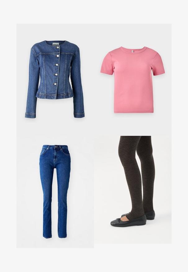 Chaqueta de mezclilla en azul oscuro, con un cuello redondo, mangas largas, cinco cierres de botón y un ligero deshilachado en el dobladillo.; Camiseta de manga corta de color rosa, con relieve y hecha de un tejido suave, que presenta un escote redondo y un diseño ligeramente ajustado.; Jeans de mezclilla azul con un corte ajustado, cintura alta, piernas rectas y detalles cosidos. Cuenta con un cierre de botón y cremallera. Sin adornos adicionales.; Piernas con leggings oscuros acanalados combinados con bailarinas negras que presentan pequeños detalles de lazo sobre un fondo blanco.