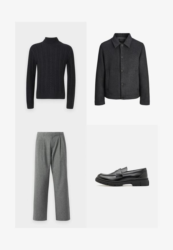 Mørkegrå jakke med fiskebensmønster, der har en nedfoldet krave, fem frontknapper og sidelommer. Lavet af tekstureret stof.; Sort strikket turtleneck sweater med et tekstureret mønster af lodrette fletninger, ribbede manchetter og kant for en tætsiddende pasform.; Grå, lige ben bukser lavet af tekstureret stof, med plisseringer foran og et almindeligt taljebånd, uden synlige lommer.; Sort læder loafersko med en bred rem over forfoden, gummisål med tykke mønstre og glat overflade. Klassisk, slankt design.