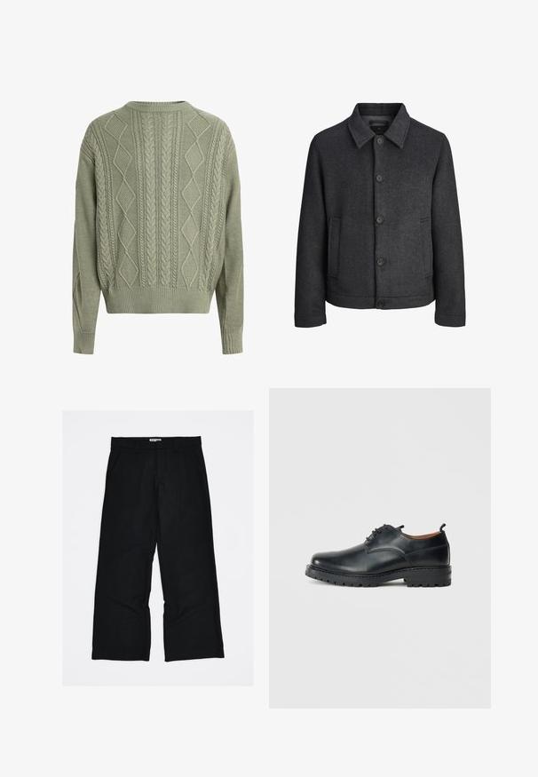 Mørkegrå jakke med fiskebensmønster, der har en nedfoldet krave, fem frontknapper og sidelommer. Lavet af tekstureret stof.; Grøn kabelstrik sweater med diamant- og fletmønstre, rund halsudskæring samt ribbede manchetter og kant, lavet af et tekstureret strikmateriale.; Sorte bukser med fine lyse striber, lavet af et glat, let materiale. Har fuld længde, vidbenet snit og forlommer.; Sorte læder derby-sko med en glat overflade, rund tå, snøre-design og en tyk, robust gummisål.
