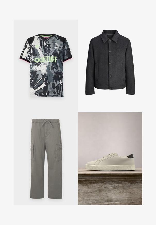 Dunkelgraue Jacke mit Fischgrätenmuster, featuring einen umklappbaren Kragen, fünf Vorderknöpfen und Seitentaschen. Hergestellt aus strukturiertem Stoff.; Kurzärmliges Sportshirt mit Rundhalsausschnitt in einem schwarzen, weißen und grauen abstrakten Muster; ausgestattet mit einem neonpinken "adiTUFF"-Logo und pinken Akzenten.; Graue gerade Cargo-Hosen mit elastischem Bund, Kordelzug, seitlichen Klappentaschen und vorderen Schrägtaschen auf einem weißen Hintergrund.; Weißer Sneaker mit strukturierter Sohle und schwarzem Absatzdetail, schwebend über einer Holzbank mit hohem grünem Gras im Hintergrund.